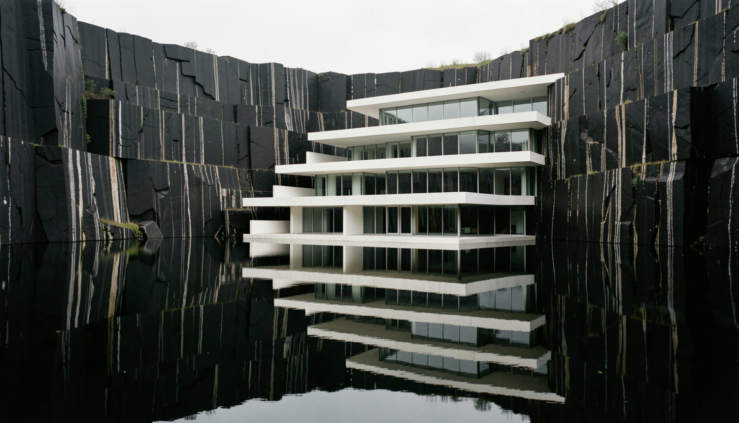 The house seen across the quarry water
